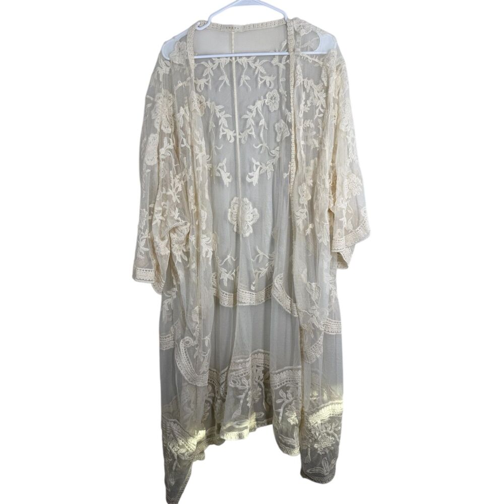 Adiva Womens White Lace Maxi Kimono Sz M/L Coastal Cowgirl Swim Cover Sheer Boho